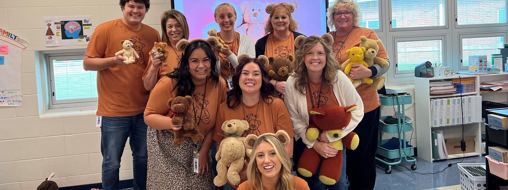 Teachers dressed as teddy bears for national teddy bear day