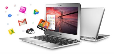 Chromebook with Apps flying out of screen